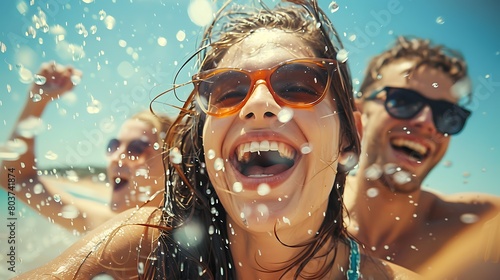 Several young friends playing at the beach on a summer day. Close-up of their faces with splashing waves around their heads.
