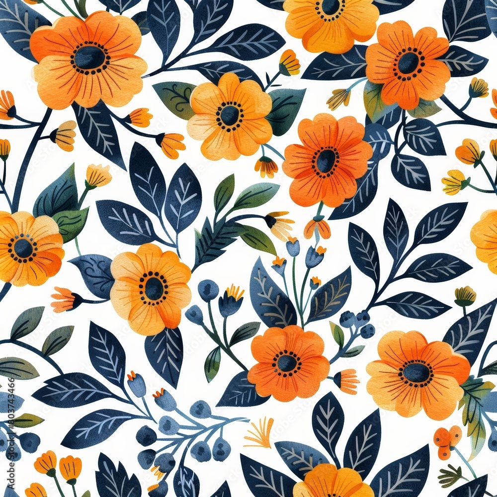 a close up of a floral pattern with orange flowers and green leaves