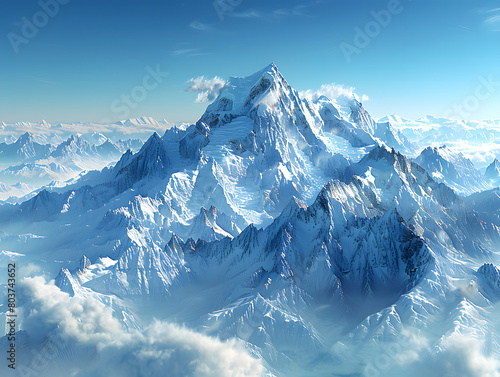 A snow-capped mountain peak towers over a sea of clouds. photo