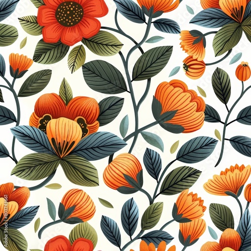 a close up of a floral pattern with orange flowers and green leaves