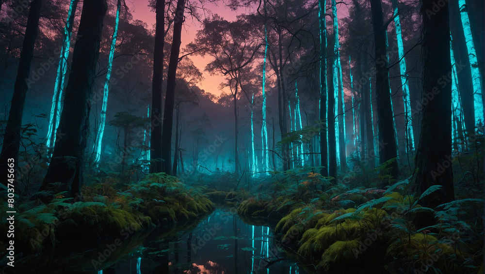 an image of a mystical, enchanted forest bathed in the soft glow of bioluminescent plants - AI Generative
