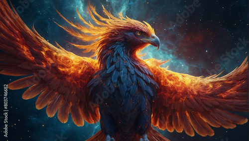 Flying phoenix bird in fantasy style. Phoenix in bright sunlight,a phoenix with fiery red feathers. Rainbows are surrounding the phoenix