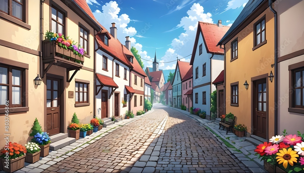 Cobblestone street in a small town with houses and colorful flowers, generative ai illusration Cobblestone street in a small town with houses and colorful flowers, generative ai illusration