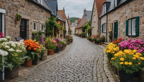 Cobblestone street in a small town with houses and colorful flowers  generative ai.