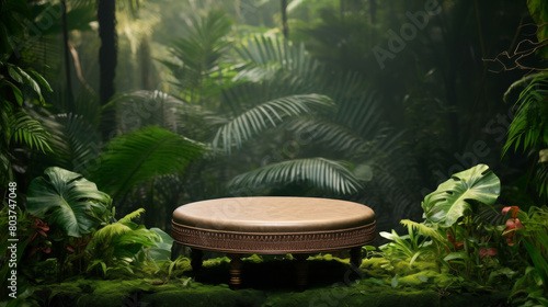 A round wooden table is set in a lush green jungle © Wonderful Studio