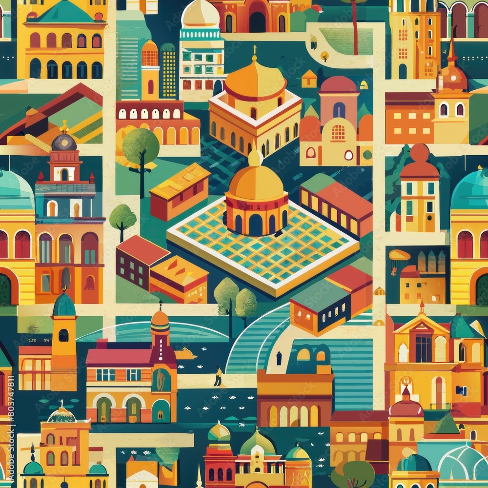 Seamless pattern of bustling city squares and plazas, Generative AI Seamless pattern of bustling city squares and plazas, Generative AI