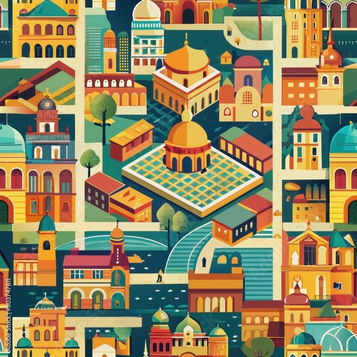 Seamless pattern of bustling city squares and plazas  Generative AI 