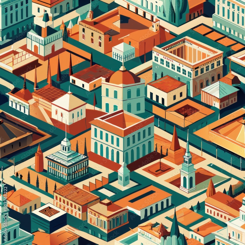 Seamless pattern of bustling city squares and plazas, Generative AI