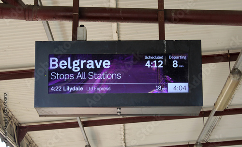 Electronic train station sign for the Belgrave line in Melbourne, Victoria, Australia photo