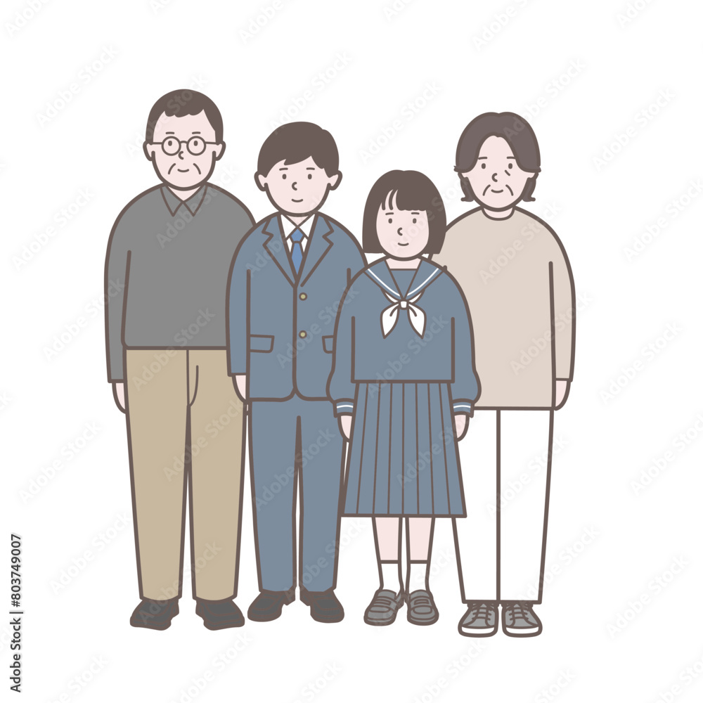 両親と学生の4人家族の全身イラスト1