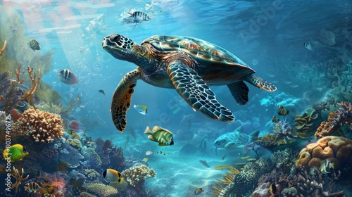 sea turtle swimming underwater in the blue ocean with colorful fish and coral. fish. Illustrations © LofiAnimations