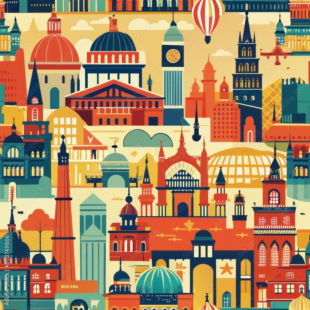 Seamless pattern of city landmarks and famous buildings, Generative AI