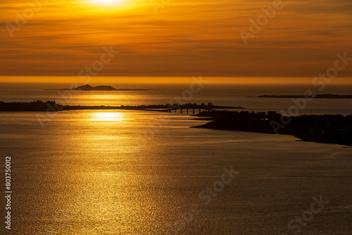 top view of a sunset over Alesund during a sunny spring evening  Norway