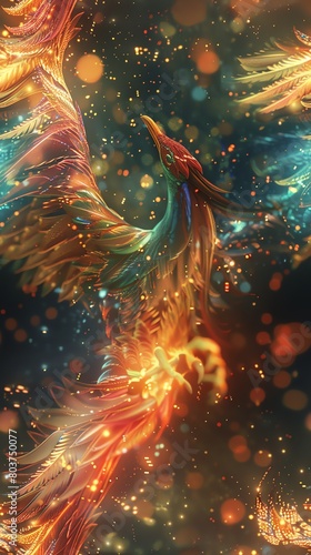 Dive into a futuristic world where nanotechnology intertwines with mythical creatures in a panoramic view Illustrate a mythical phoenix surrounded by microscopic nanostructures