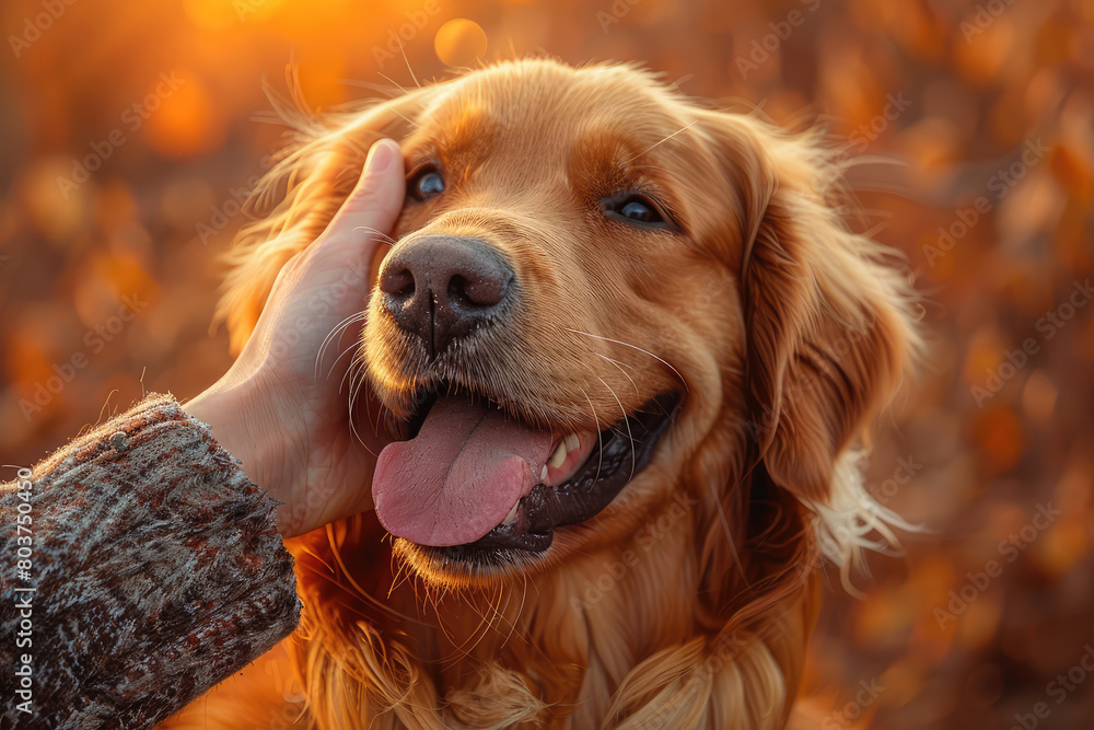 A golden retriever dog smiles while being petted in the style of the human hand in front of sunset.  Created with Ai
