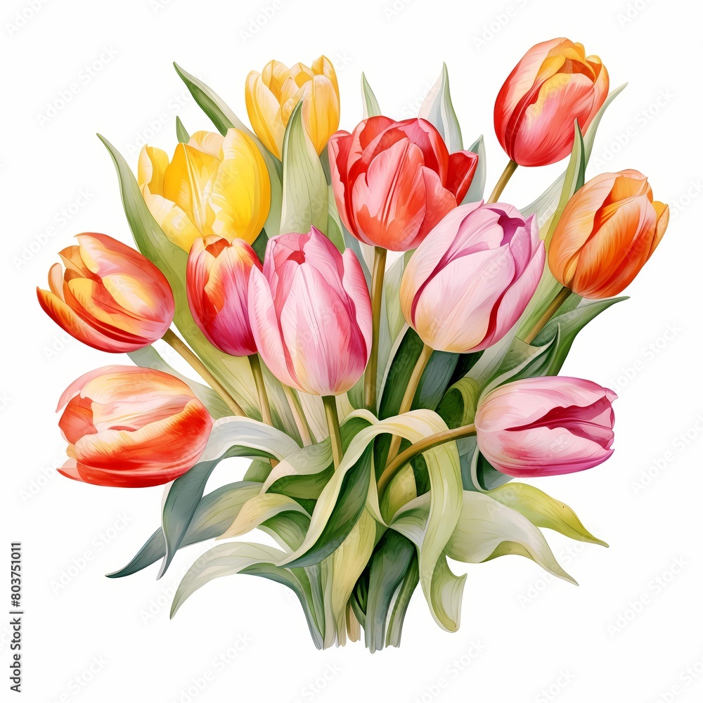 Obraz premium Tulips. Bouquet of tulips. Spring flowers clipart. Watercolor illustration. Generative AI. Detailed illustration.
