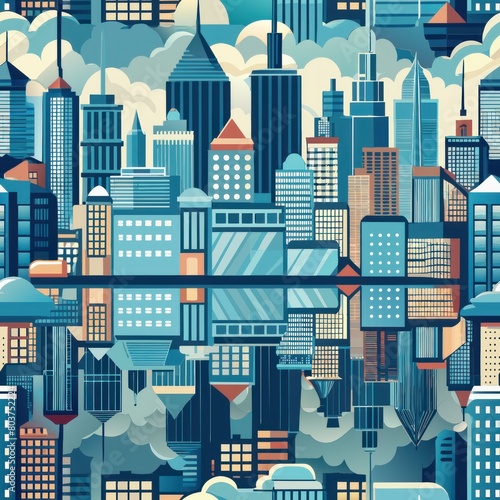 Seamless pattern of city skylines reflected in glass buildings  Generative AI