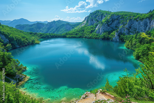 Lake in the mountains, Beautiful view/. Created with Ai
