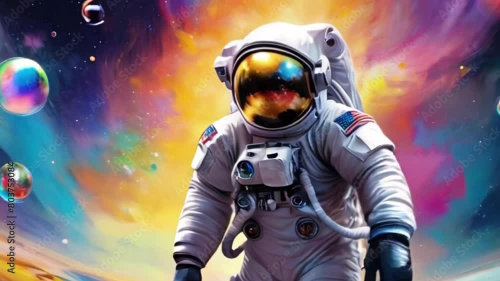 Beautiful painting of an astronaut in in a colorful bubbles galaxy on a different planet splash Beautiful painting of an astronaut in in a colorful bubbles galaxy on a different planet splash