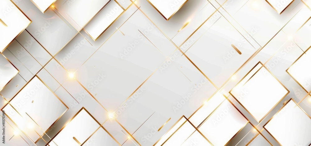 Obraz premium Abstract white background with golden lines, geometric shapes and diamond patterns for presentation design