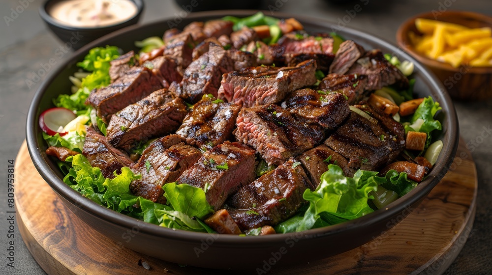 Steak & Cheese Salad in a Large Salad Bowl or on a Rustic Wooden Board, with Slices of Tender Steak, Melted Cheese, and Crisp Lettuce Steak & Cheese Salad in a Large Salad Bowl or on a Rustic Wooden Board, with Slices of Tender Steak, Melted Cheese, and Crisp Lettuce