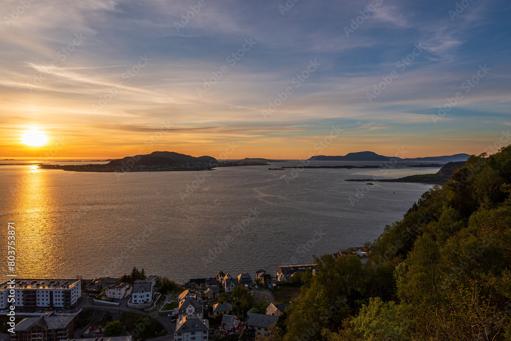 top view of a sunset over Alesund during a sunny spring evening, Norway