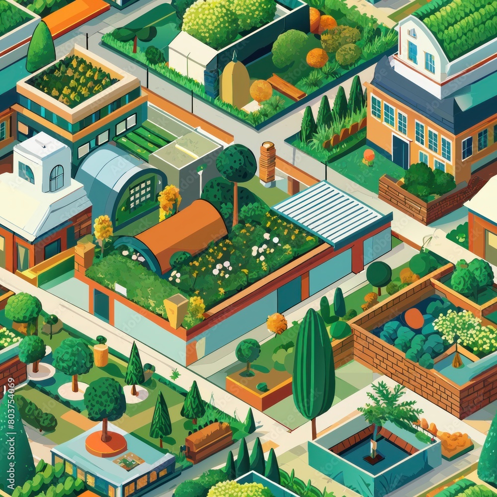 Seamless pattern of rooftop gardens and green spaces, Generative AI