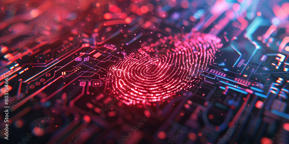 A close-up photograph capturing an integrated circuit with biometric scanning technology, showcasing the silhouette of a fingerprint on one chip. Surrounding the fingerprint are glowing data streams A close-up photograph capturing an integrated circuit with biometric scanning technology, showcasing the silhouette of a fingerprint on one chip. Surrounding the fingerprint are glowing data streams