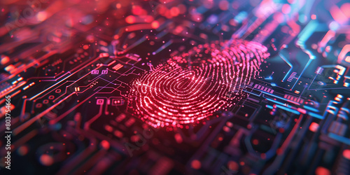 A close-up photograph capturing an integrated circuit with biometric scanning technology, showcasing the silhouette of a fingerprint on one chip. Surrounding the fingerprint are glowing data streams 