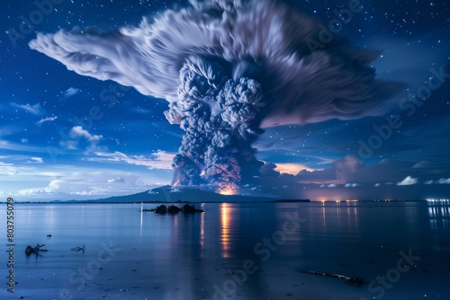 Marvel at the power of nature as you watch a volcanic eruption from a safe distance, the explosive force sending plumes of ash and smoke into, Generative AI photo