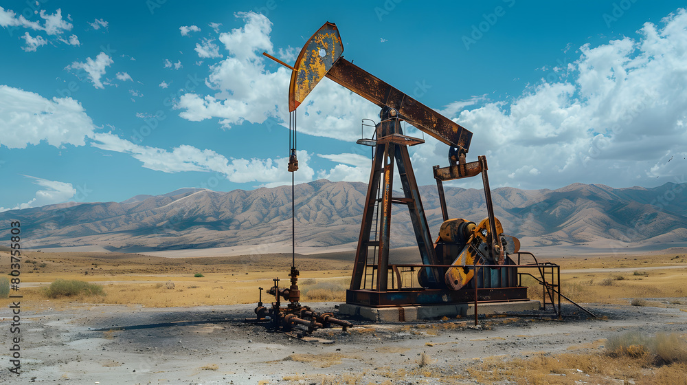 An oil pump stands tall in the desert landscape, surrounded by mountains with a cloudy sky above. The machine extracts liquid gold from beneath the earth