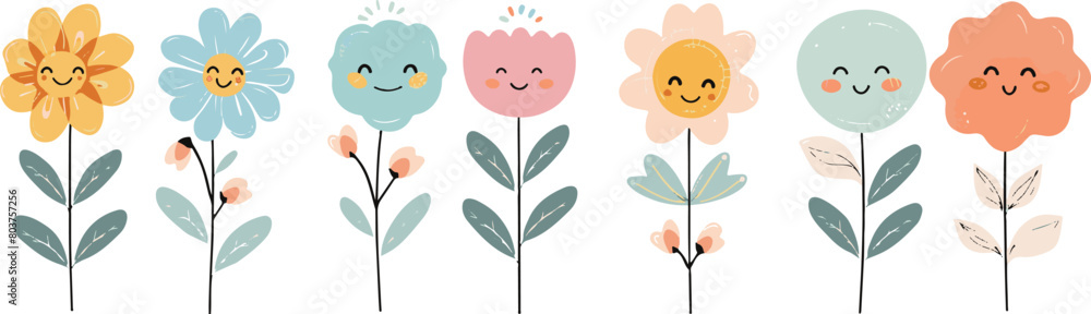A vector illustration of cute smiling flowers