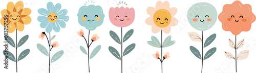A vector illustration of cute smiling flowers
