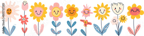 A vector illustration of cute smiling flowers