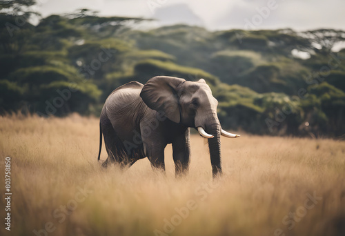 A majestic elephant walking through a grassy savannah with trees and a mountain in the background. World Elephant Day.