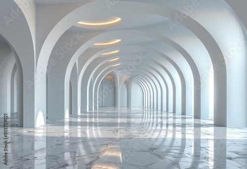 A wide view of an elegant, white hall with classical columns and arches, bathed in soft natural light that highlights the intricate details on each column's top surface. Created with Ai