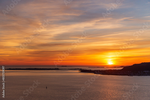 top view of a sunset over Alesund during a sunny spring evening  Norway