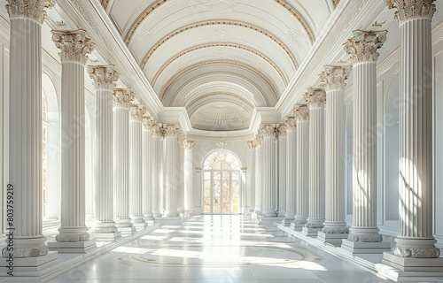 A grand  white hall with tall columns and arches  bathed in sunlight from large windows on one side. Created with Ai 