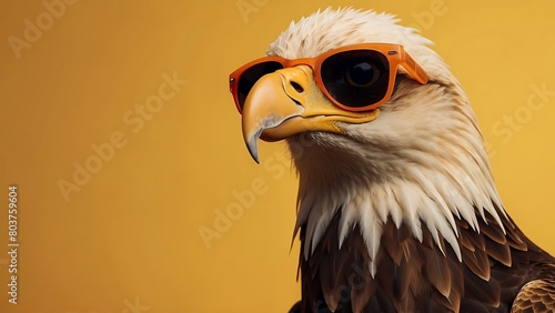 Portrait of a bald eagle wearing sunglasses on a yellow background. photo