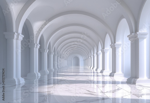  A large white marble room with arched columns and windows  reflecting light on the polished floor.  Created with Ai