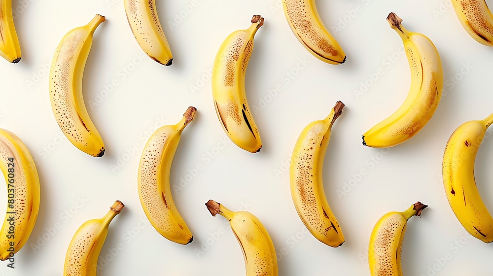 Overhead view of multiple bananas arranged neatly on a white surface, creating a clean and organized appearance, ideal for dietary and nutritional themes