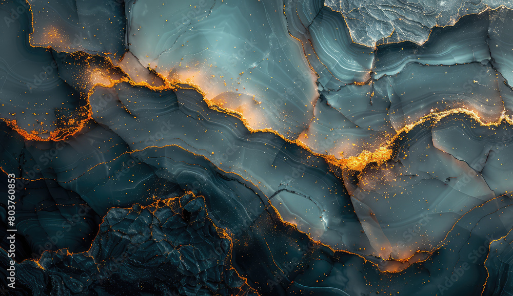  A digital art piece showcasing an aerial view of a dark blue and turquoise marble with golden veins. Created with Ai