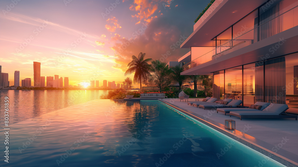 Fototapeta premium A large pool with a sunset in the background