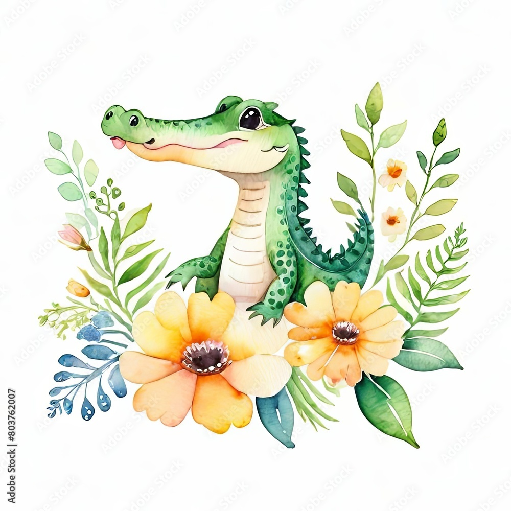 Fototapeta premium Cute baby crocodile watercolor isolated on white background. Alligator kid cartoon character vector illustration