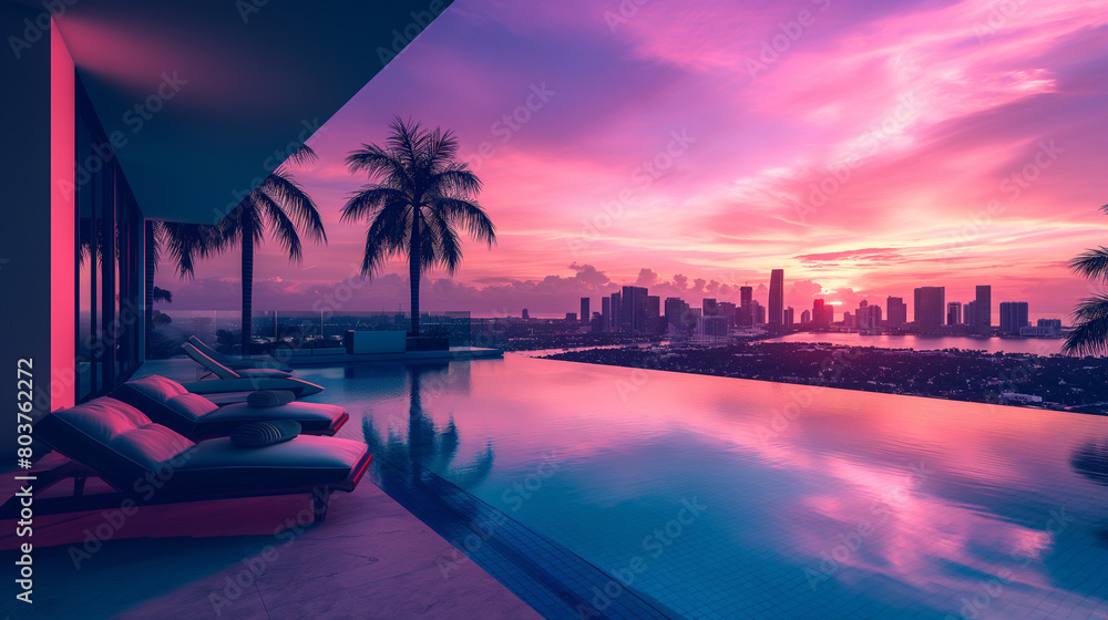 A large pool with a sunset in the background