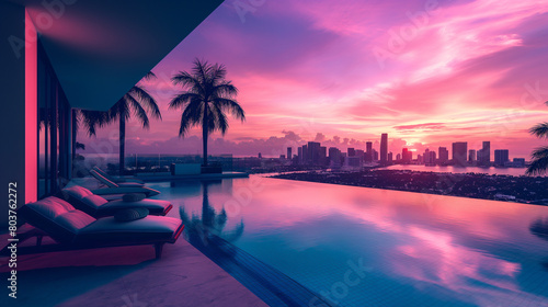 A large pool with a sunset in the background