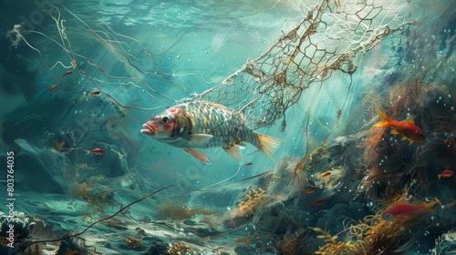 fish ensnared in net under water. fish. Illustrations
