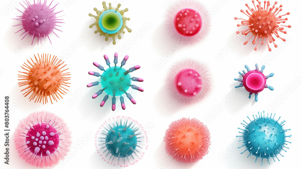 Set of microbes and viruses isolated on white background, photo shot Set of microbes and viruses isolated on white background, photo shot