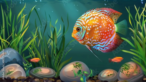 Aquarium fish Discus swim among algae and stones, corrals and underwater plants in an aquarium. fish. Illustrations
