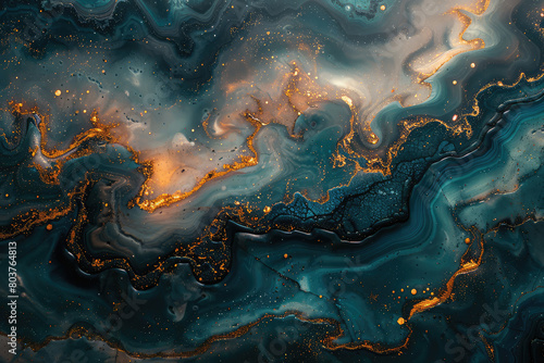 An abstract background with swirling patterns of dark teal and gold, resembling marble or agate stone texture. Created with Ai © design